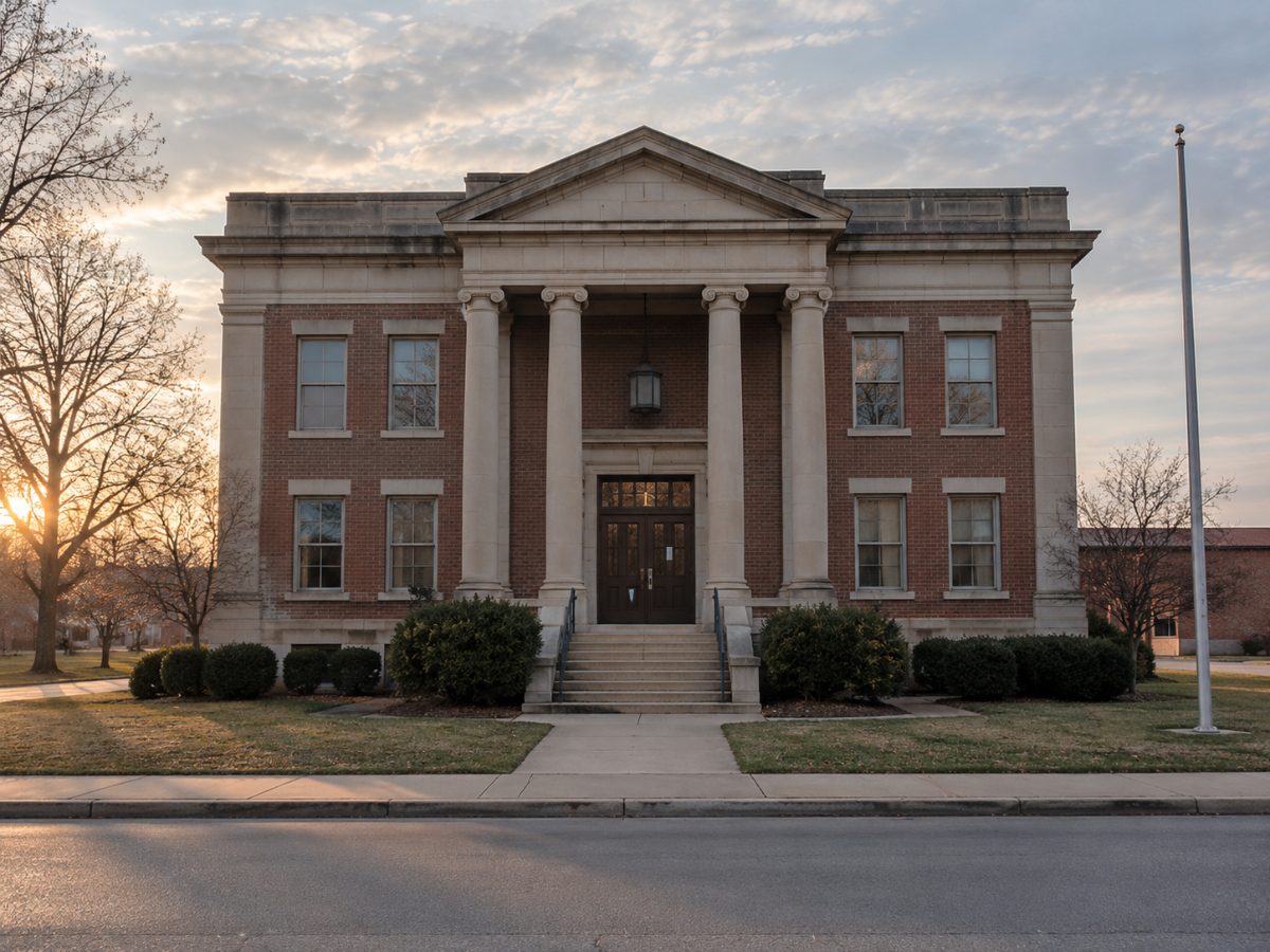A small American county government building at dusk, where surplus funds are held.