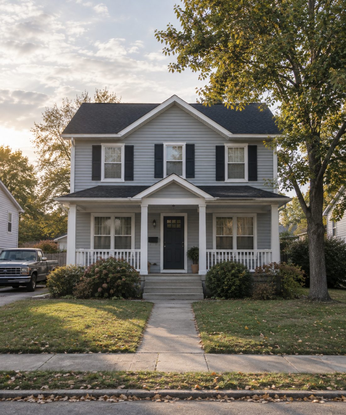 An ordinary two-storey American family home with a front porch and a pickup truck in the driveway, in late afternoon light.